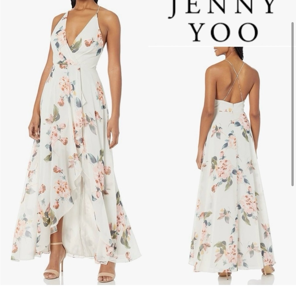JENNY YOO FARRAH HALTER FAUX WRAP SLEEVELESS FLORAL CHIFFON MAXI DRESS